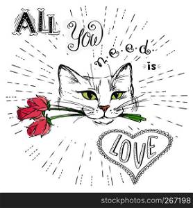 Cat with flowers and All you need is love - Hand drawn lettering good for T-shirt design or greeting card,vector illustration.. Cat with flowers and All you need is love