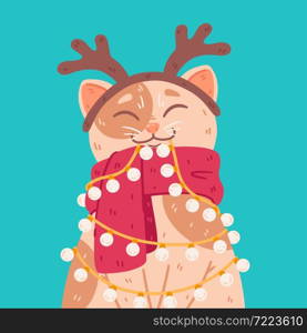 Cat with headband deer horns, warm scarf, light bulbs garland. Merry Christmas and Happy New Year postcard. Cute vector illustration isolated on background. Winter poster with domestic kitty.