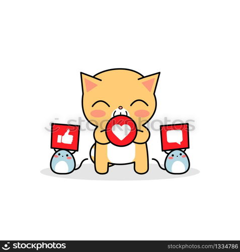 Cat with mice holds social icons heart thumb up and comment. Social activity. Vector illustration EPS 10