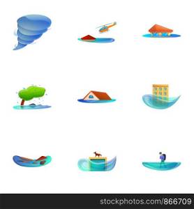 Cataclysm icon set. Cartoon set of 9 cataclysm vector icons for web design isolated on white background. Cataclysm icon set, cartoon style