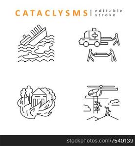 Cataclysms and natural disasters. Vector icon and logo. Editable outline stroke size. Line flat contour, thin and linear design. Simple icons. Concept illustration. Sign, symbol, element.. Cataclysms and natural disasters. Vector icon and logo. Editable outline stroke size. Line flat contour