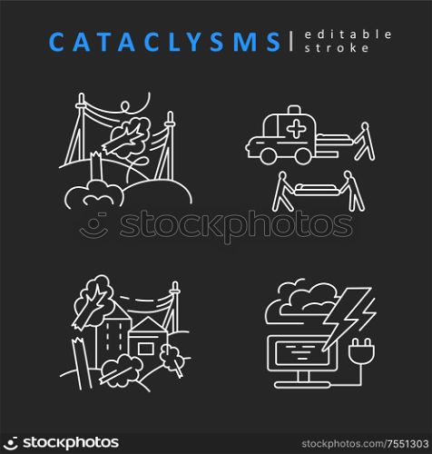 Cataclysms and natural disasters. Vector icon and logo. Editable outline stroke size. Line flat contour, thin and linear design. Simple icons. Concept illustration. Sign, symbol, element.. Cataclysms and natural disasters. Vector icon and logo. Editable outline stroke size. Line flat contour