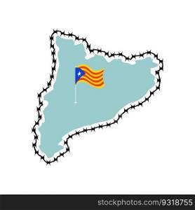 Catalonia is sovereignty and independence. Estelada Blava Map and barbed wire. Protection of state borders.
