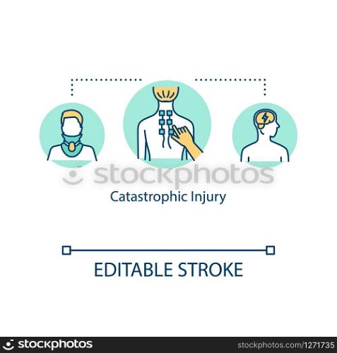 Catastrophic injury, spinal trauma concept icon. Anatomical abnormality, paralysis, cerebral contusion idea thin line illustration. Vector isolated outline RGB color drawing. Editable stroke