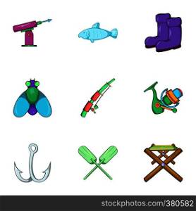 Catch fish icons set. Cartoon illustration of 9 catch fish vector icons for web. Catch fish icons set, cartoon style