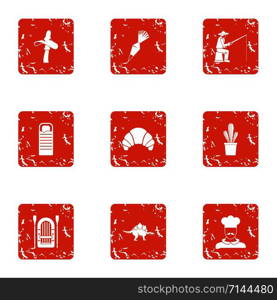 Catch fish icons set. Grunge set of 9 catch fish vector icons for web isolated on white background. Catch fish icons set, grunge style