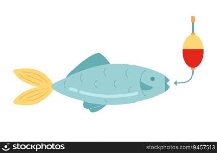 Catch fish on hook semi flat colour vector object. Fishing hobby. Editable cartoon clip art icon on white background. Simple spot illustration for web graphic design. Catch fish on hook semi flat colour vector object
