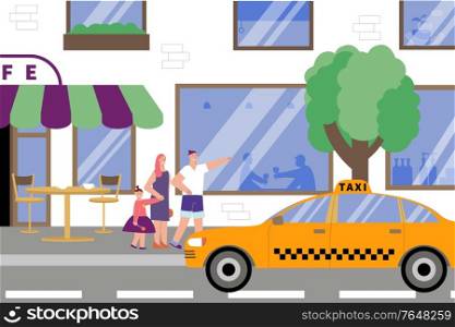 Catch taxi street flat composition with family of three catching taxi on the street vector illustration