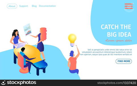 Catch the Big Idea Horizontal Banner with Copy Space. Team of Business People Working Together Learning Charts in Office. Man Having Insight. Creative Workflow 3d Flat Vector Isometric Illustration.. Catch the Big Idea Horizontal Banner. Teamwork.