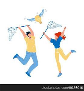 Catching Idea With Net Man And Woman People Vector. Boy And Girl Catch Idea Flying Lightbulb Together. Characters Businesspeople Holding Netting, Ideation Concept Flat Cartoon Illustration. Catching Idea With Net Man And Woman People Vector
