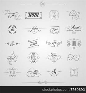 Catchwords and ampersand decorative set with floral elements and swirls isolated vector illustration