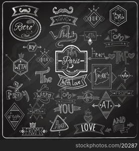 Catchwords blackboard chalk design. Chalk written prepositions catchwords signs collection with paris romantic heart love emblem composition blackboard abstract vector illustration