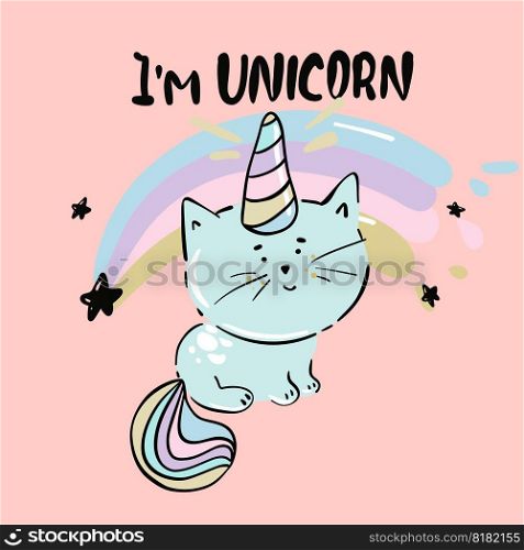 Catcorn. Lovely cartoon cat unicorn face and lettering text on white background. Cute vector for clothing print and children t-shirt for girl. Catcorn. Lovely cartoon cat unicorn face and lettering text on white background. Cute vector for clothing print and children t-shirt for girl.