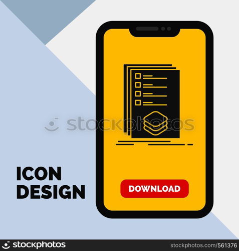 Categories, check, list, listing, mark Glyph Icon in Mobile for Download Page. Yellow Background. Vector EPS10 Abstract Template background