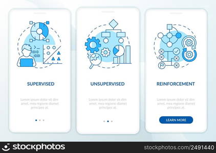 Categories of machine learning blue onboarding mobile app screen. Walkthrough 3 steps graphic instructions pages with linear concepts. UI, UX, GUI template. Myriad Pro-Bold, Regular fonts used. Categories of machine learning blue onboarding mobile app screen