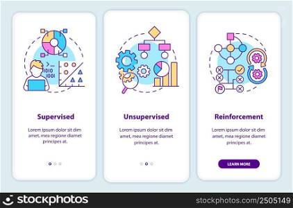 Categories of machine learning onboarding mobile app screen. Walkthrough 3 steps graphic instructions pages with linear concepts. UI, UX, GUI template. Myriad Pro-Bold, Regular fonts used. Categories of machine learning onboarding mobile app screen