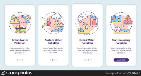 Categories of water pollution onboarding mobile app screen. Groundwater walkthrough 4 steps graphic instructions pages with linear concepts. UI, UX, GUI template. Myriad Pro-Bold, Regular fonts used. Categories of water pollution onboarding mobile app screen