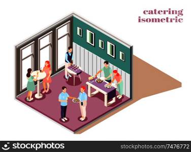 Catering and banquets indoors isometric composition with food and drinks vector illustration