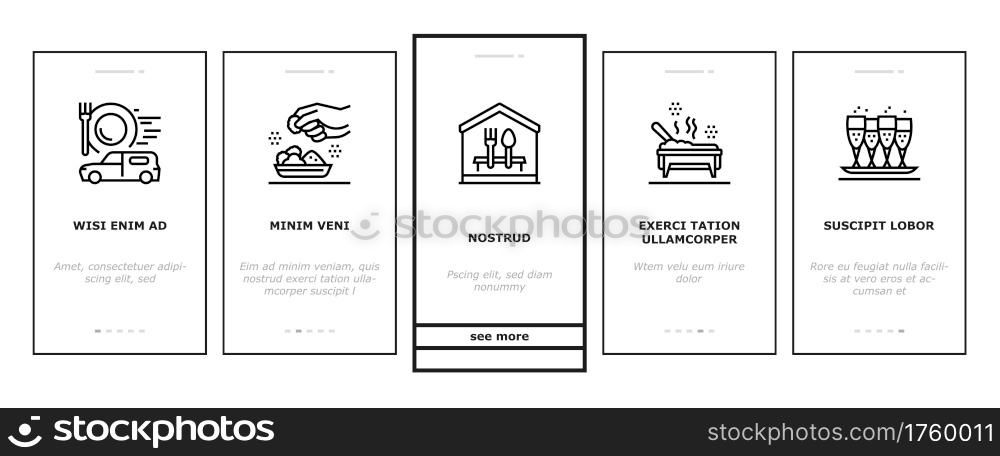 Catering Food Service Onboarding Mobile App Page Screen Vector. Catering In Hotel And Restaurant, Nutrition Cooking And Delivery, Drinks, Dishes And Dessert Illustrations. Catering Food Service Onboarding Icons Set Vector