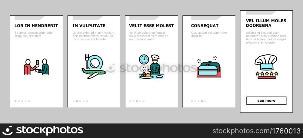 Catering Food Service Onboarding Mobile App Page Screen Vector. Catering In Hotel And Restaurant, Nutrition Cooking And Delivery, Drinks, Dishes And Dessert Illustrations. Catering Food Service Onboarding Icons Set Vector