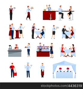 Catering Icons Set. Catering in the restaurant icons set with tables and waiters flat isolated vector illustration