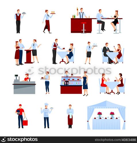 Catering in the restaurant icons set with tables and waiters flat isolated vector illustration . Catering Icons Set