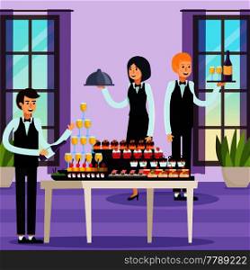 Catering orthogonal composition with waiters with trays and bottles, table with drinks, snacks and dessert vector illustration. Catering Orthogonal Composition
