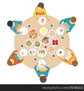 Catering party with people around table of dishes from the menu, top view. Vector flat illustration.