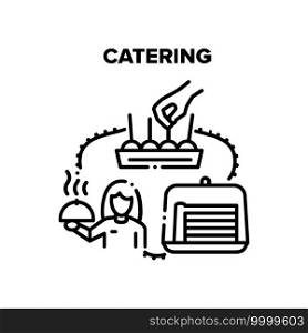 Catering Service Vector Icon Concept. Catering Service Worker Waitress Serving Banquet, Carrying Hot Dish And Delicious Dessert For Guests. Snack Food In Container Black Illustration. Catering Service Vector Black Illustrations
