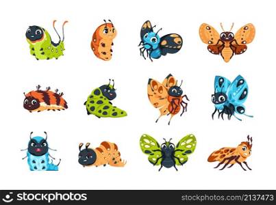 Caterpillar and butterfly. Cartoon cute bugs character with funny faces and smily emotions. Happy insect mascots poses. Isolated animals with antennas and wings. Vector colorful larva and moles set. Caterpillar and butterfly. Cartoon bugs character with funny faces and smily emotions. Happy insect mascots poses. Animals with antennas and wings. Vector colorful larva and moles set