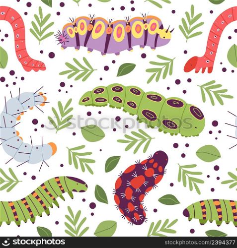 Caterpillar print. Insect caterpillars background, spring garden wildlife. Isolated nature elements, leaves and bugs decent vector seamless pattern design for fabric. Illustration of caterpillar. Caterpillar print. Insect caterpillars background, spring garden wildlife. Isolated nature elements, leaves and bugs decent vector seamless pattern design for fabric