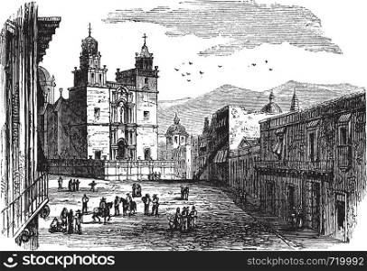 Cathedral at Guanajuato vintage engraving. Old engraved illustration of historic cathedral building at Guanajuato, 1890s.