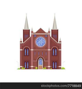 Cathedral building, medieval ancient church or notre dame, vector religion architecture. Christian temple or parish chapel with cross steeples on domes, flat facade icon. Cathedral or church, christian medieval building
