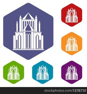 Cathedral icons vector colorful hexahedron set collection isolated on white. Cathedral icons vector hexahedron