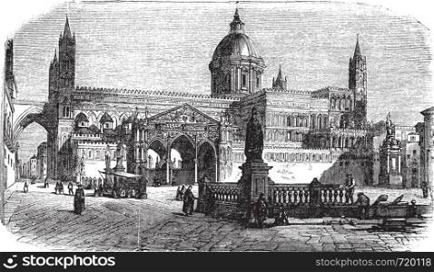 Cathedral of Palermo in Palermo, Sicily, Italy, during the 1890s, vintage engraving. Old engraved illustration of Cathedral of Palermo with people in front.