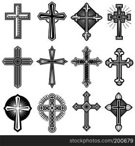 Catholic christian cross with ornament vector icons. Set of religious crosses, illustration of black white cross of christ. Catholic christian cross with ornament vector icons set