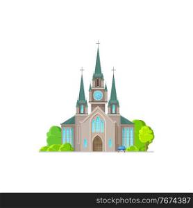 Catholic church building vector icon. Antique church architecture, cathedral, chapel or monastery glass facade with cross. Modern christian evangelic religious exterior with parked car. Catholic church vector icon, antique building