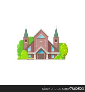 Catholic church building vector icon. Medieval cathedral architecture, chapel or monastery facade with parked taxi car. Church design, christian evangelic religious exterior isolated cartoon symbol. Catholic church building with parked taxi icon