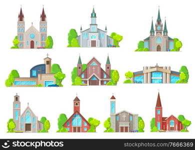 Catholic church buildings vector icons. Cathedral, chapels and monastery facades. Medieval and modern churches design, christian evangelic religious architecture exterior isolated cartoon symbols set. Catholic church buildings isolated vector icons