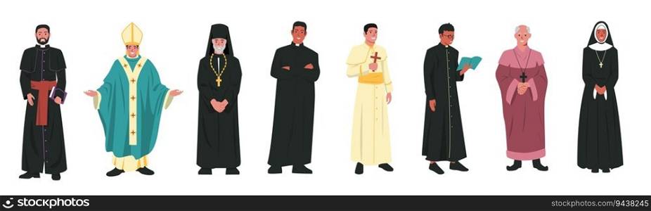 Catholic church characters. Christian religion church leader in different clothes, catholicism religious clergyman pastor priest pope. Vector cartoon set. Illustration of religion character collection. Catholic church characters. Christian religion church leaders in different clothes, catholicism religious clergyman pastor priest pope. Vector cartoon set
