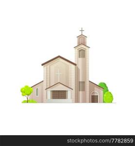 Catholic church or temple building icon, Christian religion cathedral, vector architecture. Catholic, evangelic or protestant church chapel, religious shrine of God and Jesus with cross on c&anile. Catholic church or temple building, Christianity