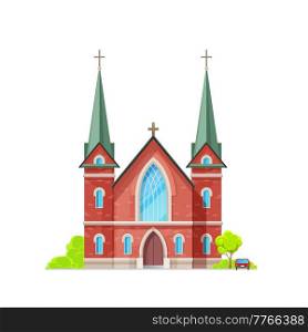 Catholic church or temple building icon, Christianity cathedral, vector religious architecture. Catholic, evangelic or protestant church or chapel, shrine of God and Jesus with crucifix cross. Catholic church or temple building, cathedral