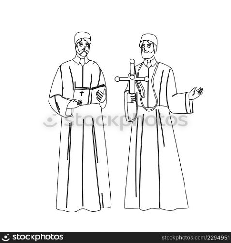 Catholic Priest Men With Praying Cross Black Line Pencil Drawing Vector. Catholic Priest Holding And Reading Bible Religion Book During Mass On Altar. Characters Catholicism Religious Pastors. Catholic Priest Men With Praying Cross Vector
