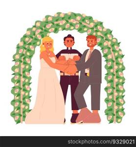 Catholic wedding vows flat concept vector spot illustration. Wedding couple holding hands 2D cartoon characters on white for web UI design. Church ceremony isolated editable creative hero image. Catholic wedding vows flat concept vector spot illustration