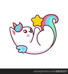 Caticorn character. Magical creature cheerful mascot or funny caticorn isolated vector personage. Fairy unicorn cat with horn, rainbow hair and tail, playing with star toy. Caticorn character, funny cat unicorn personage
