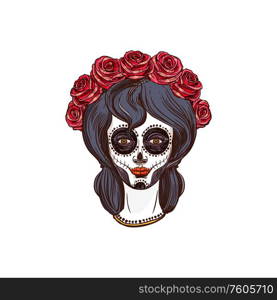 Catrina Calavera skull mexican Day of death symbol isolated. Vector dead woman with long hair decorated by flowers. Woman skull with long hair decorated by flowers