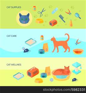 Cats 3 horizontal flat banners set . Indoor cats food and care supplies 3 horizontal flat banners set with carrier abstract isolated vector illustration
