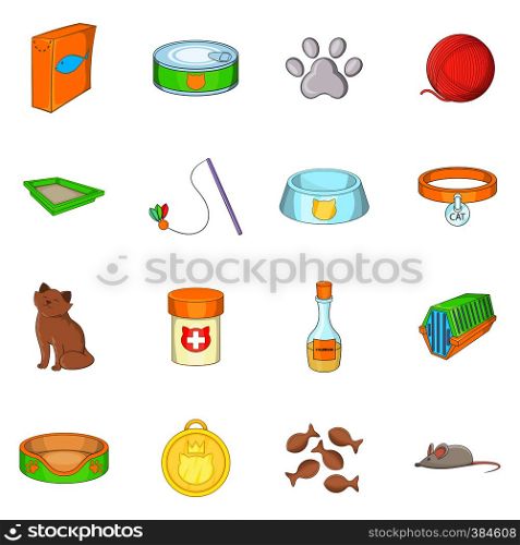 Cats accessories icons set. Cartoon illustration of 16 cats accessories vector icons for web. Cats accessories icons set, cartoon style