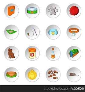 Cats accessories icons set. Cartoon illustration of 16 cats accessories vector icons for web. Cats accessories icons set