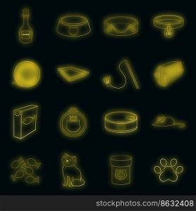 Cats accessories icons set. Illustration of 16 cats accessories vector icons neon color on black. Cats accessories icons set vector neon